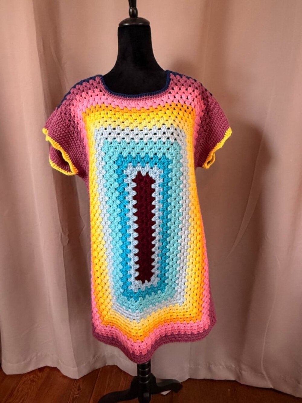 Colorful Handmade Crochet Granny Square Mini Dress Boho Festival Tunic New